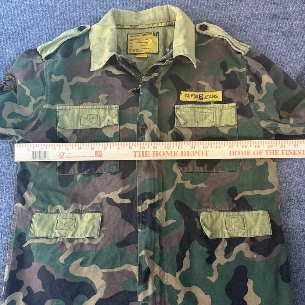 Vtg Guess Jeans Camouflage Military Jacket Women's Patches Green Brown Zipper - Picture 7 of 8